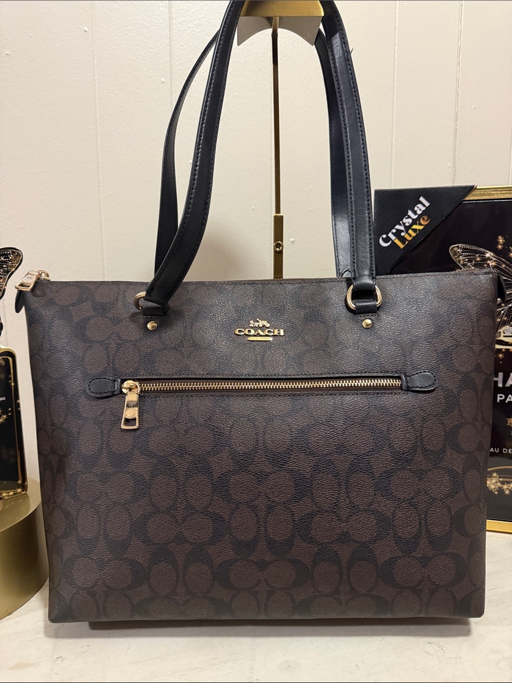 Coach Gallery Tote Brown/Black Signature with Black Handles